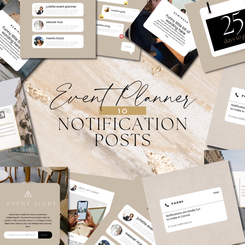 May include: A collage of images with a gold glitter background. The text "Event Planner 10 Notification Posts" is in the centre of the image. The images include a calendar with the number 25, a phone with a notification, and a woman holding a phone.