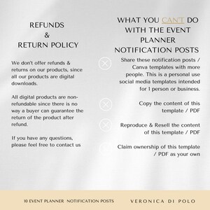 May include: A graphic with text that reads "Refunds & Return Policy" and "What You Can't Do With The Event Planner Notification Posts". The graphic includes a list of rules for using the event planner notification posts. The rules include: "Share these notification posts / Canva templates with more people. This is a personal use social media templates intended for 1 person or business.", "Copy the content of this template / PDF", "Reproduce & Resell the content of this template / PDF", and "Claim ownership of this template / PDF as your own".