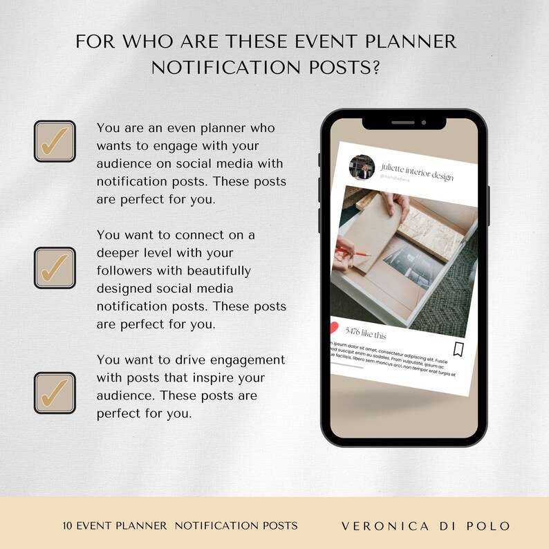 May include: A checklist with three checkboxes and text describing the benefits of using event planner notification posts for social media. The text includes phrases like "engage with your audience", "connect on a deeper level", and "drive engagement". An example of a social media post is shown in a phone screen mockup.