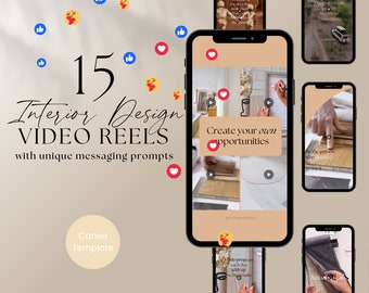 May include: A graphic with a pink background and white text that says "15 Interior Design VIDEO REELS with unique messaging prompts". There are several images of phone screens with video reels about interior design. The text on the phone screens includes "Create your own opportunities", "Be the person who decided to go for it", and "Actually it can".