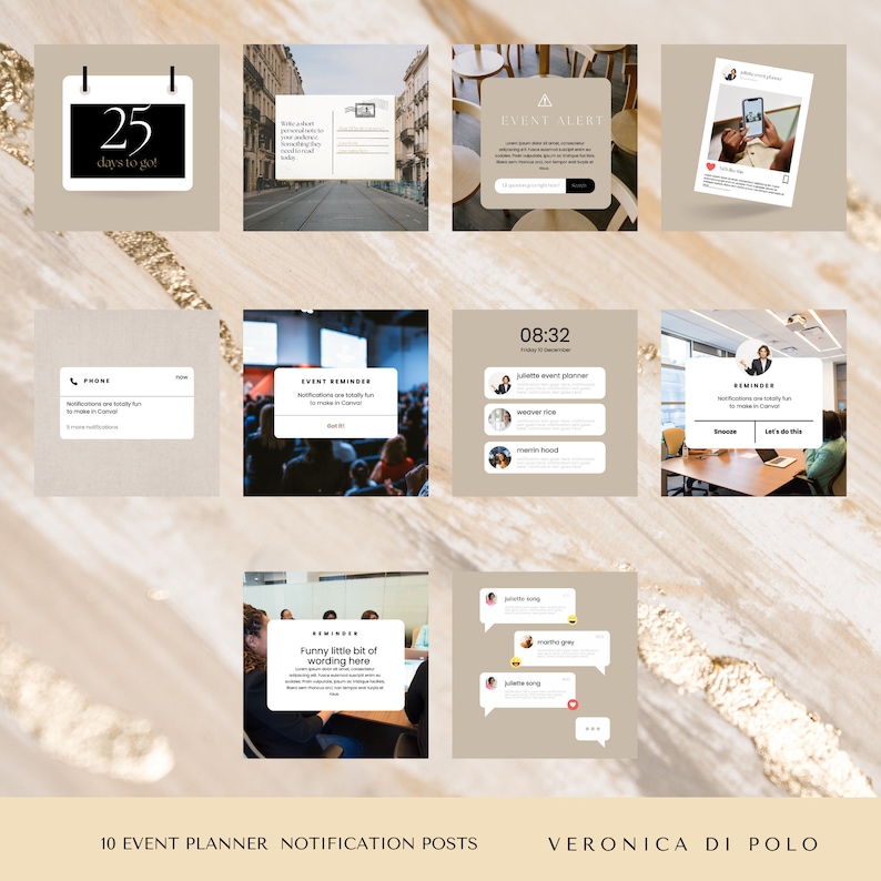 May include: Ten social media post templates for event planners. The templates are beige with gold accents and feature text such as "Event Alert", "Event Reminder", "Phone", and "Reminder".
