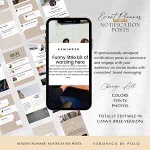 May include: A digital mockup of 10 social media posts for event planners. The posts are designed in a minimalist style with a neutral colour palette of beige, brown, and white. The text on the posts includes the words "Event Planner", "Notification Posts", "Reminder", "Funny little bit of wording here", and "Change All".