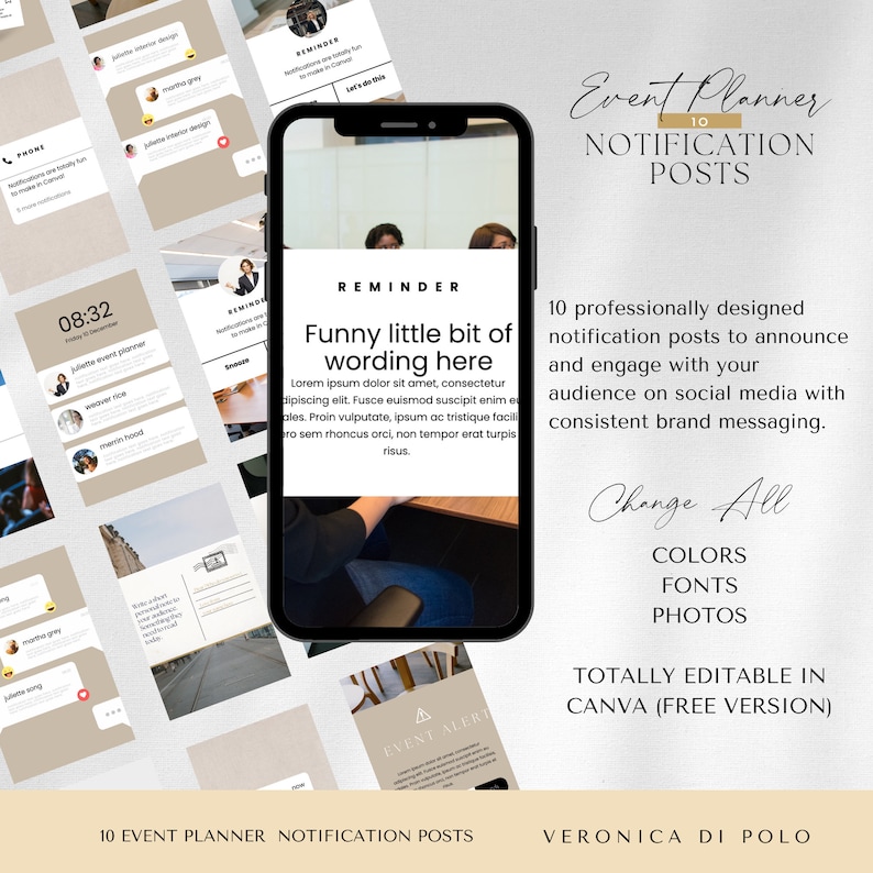 May include: A digital mockup of 10 social media posts for event planners. The posts are designed in a minimalist style with a neutral colour palette of beige, brown, and white. The text on the posts includes the words "Event Planner", "Notification Posts", "Reminder", "Funny little bit of wording here", and "Change All".
