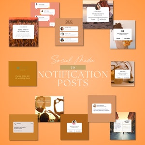 Könnte beinhalten: Eine Sammlung von 30 Social-Media-Benachrichtigungsbeiträgen in einem braunen und orangen Farbschema. Die Beiträge enthalten Text, Bilder und Grafiken. Der Text enthält die Wörter "Social Media", "30", "Benachrichtigungsbeiträge", "Lustiger kleiner Text hier", "Erinnerungen", "Benachrichtigungen machen total Spaß", "Lass uns das machen", und "Telefon".