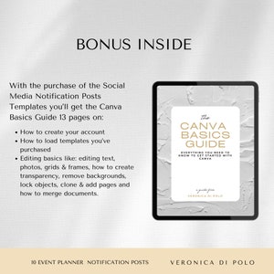 May include: A digital guide titled "The Canva Basics Guide" with a white textured background. The guide is from Veronica Di Polo and includes 13 pages of information on how to use Canva.
