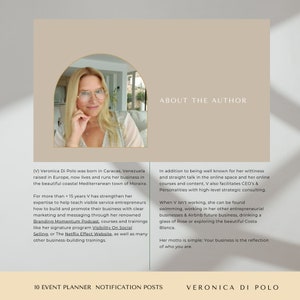 May include: A headshot of a woman wearing glasses and smiling warmly. The background is a blurred image of a room with a window. The text "ABOUT THE AUTHOR" is in the top right corner of the image. The text below the image describes the woman's background and expertise in business coaching and consulting.