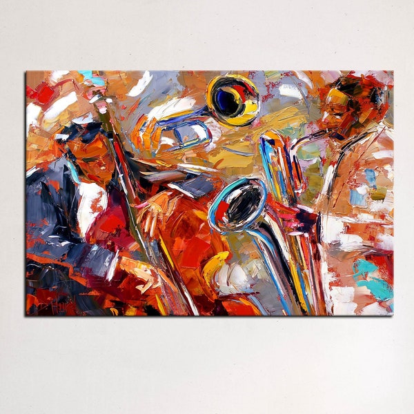 Musiciens peinture sur toile, toile d'artiste de jazz, musique d'art mural sur toile, peinture à l'huile, impression sur toile, art abstrait jazz, art abstrait jazz africain