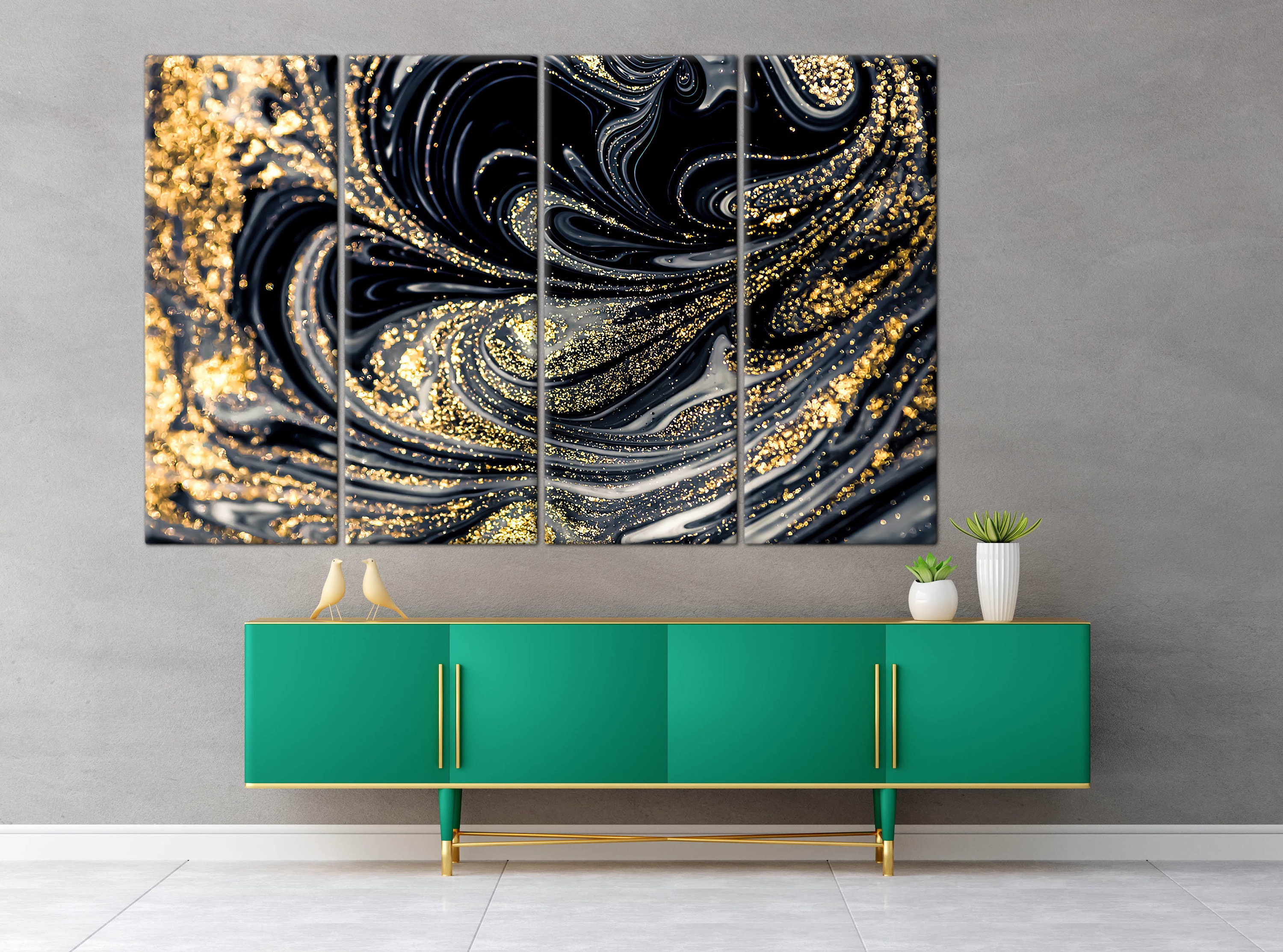 Gold Glitter Wall Art, Gold Glitter Pattern Canvas Painting, Black Wall