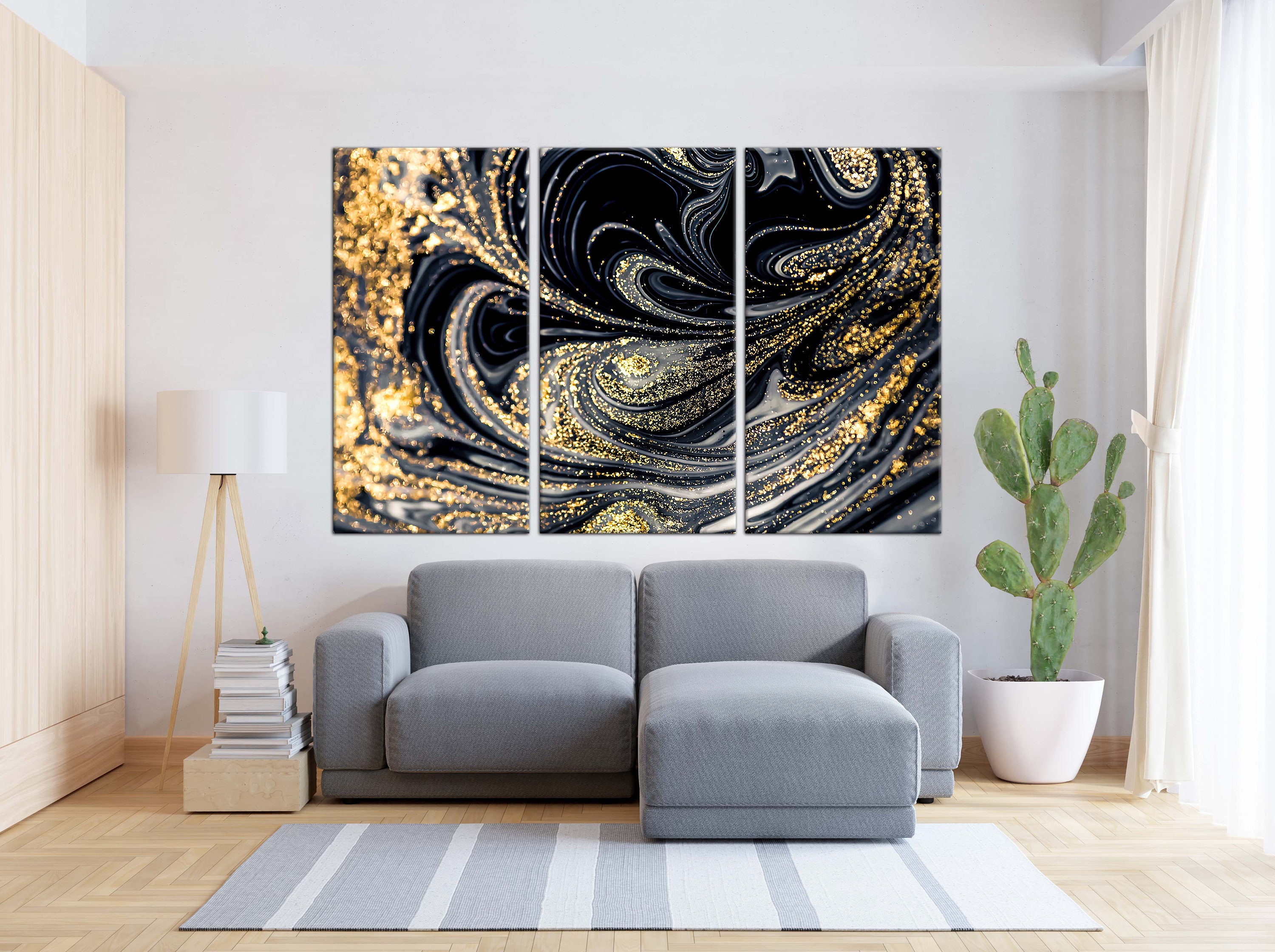 Gold Glitter Wall Art, Gold Glitter Pattern Canvas Painting, Black Wall