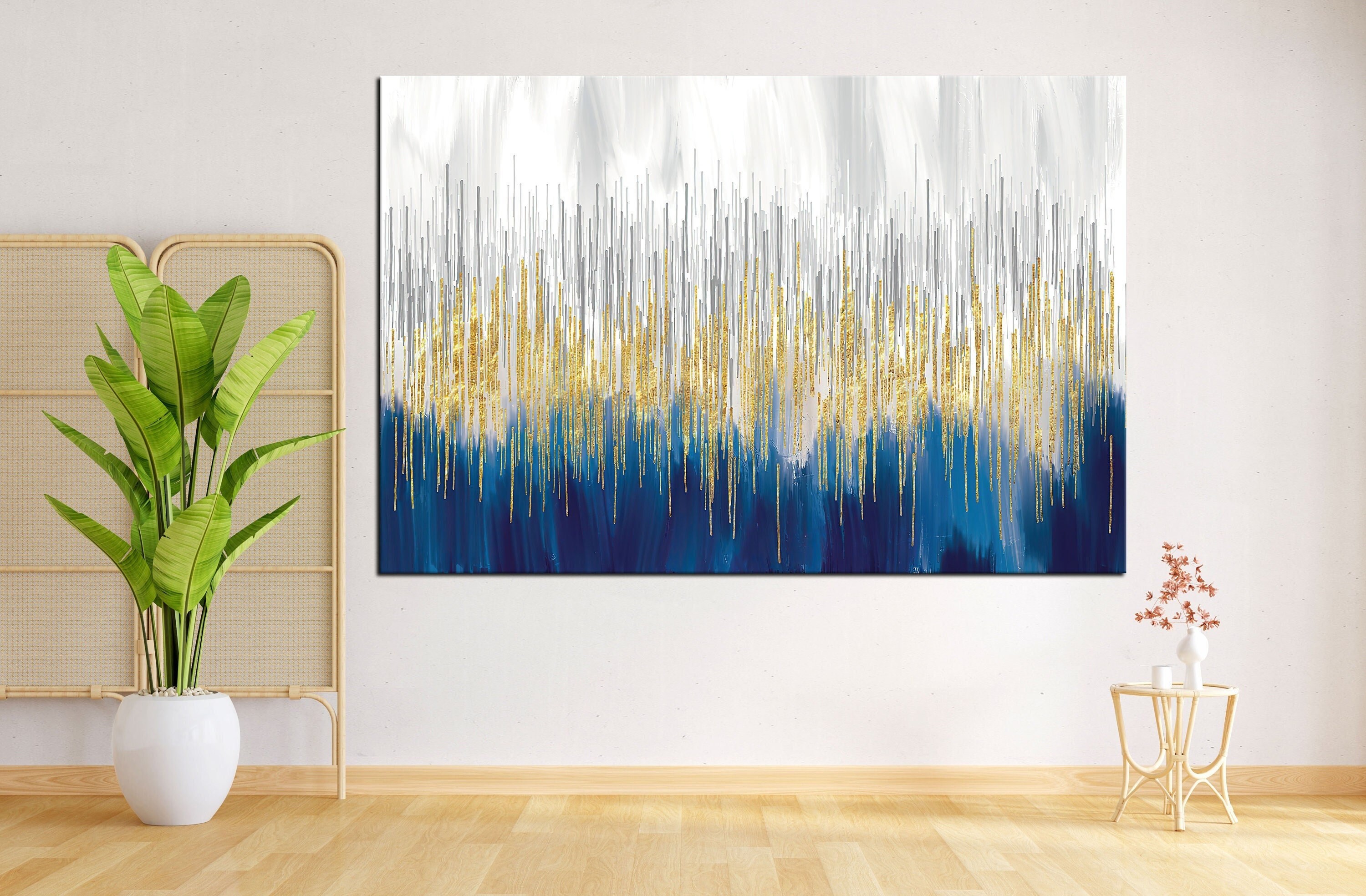 3D Gold Wall Art, Modern Abstract Texture, Navy Blue Canvas Painting ...