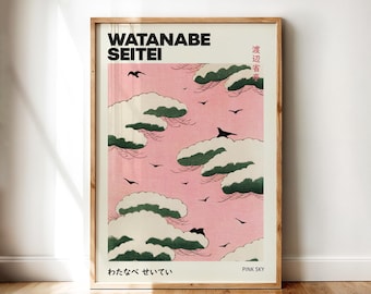 Pink Sky Illustration by Watanabe Seitei | Vintage Download Print
