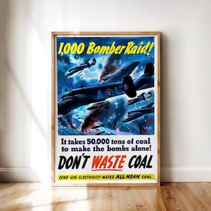 1,000 Bomber Raid – Vintage WWII British Propaganda Poster, Restored Historical Artwork | Printable Wall Art Digital Download