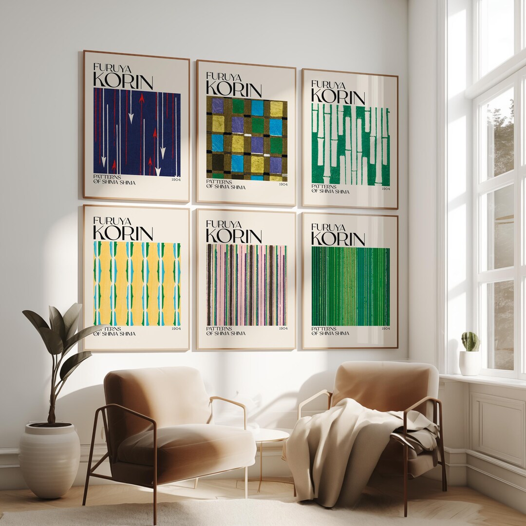 Set of 6 Japanese Color Stripe Posters – Furuya Korin Textile Art From ...
