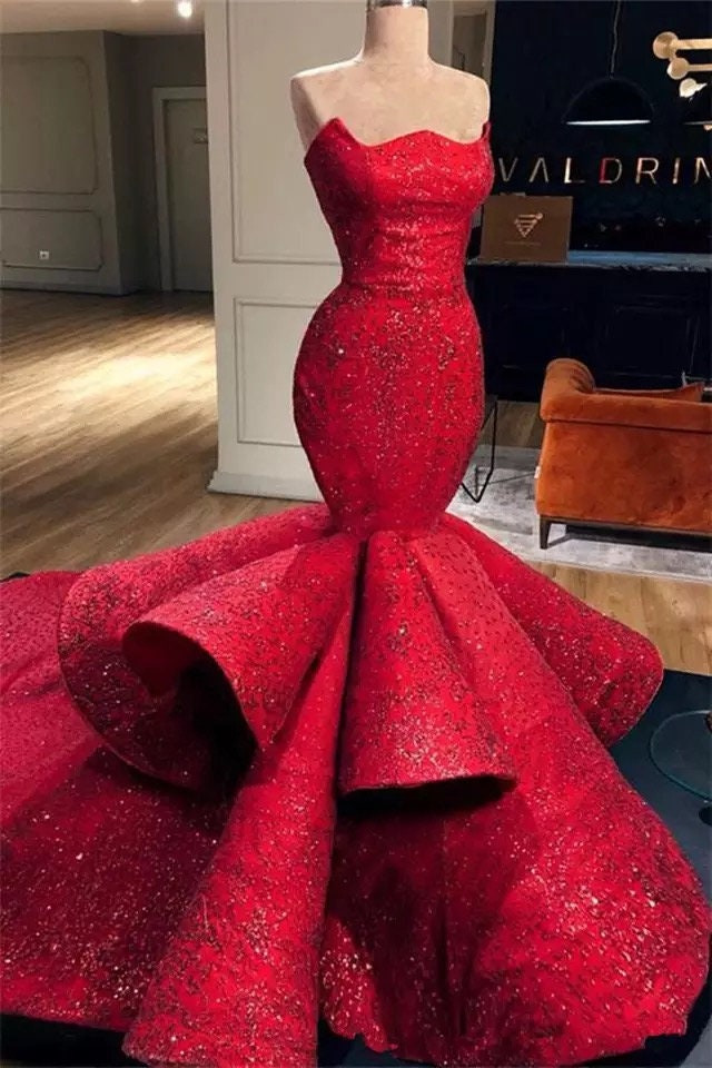 Gorgeous Red Satin Beaded Mermaid Evening Dress,Formal Prom Dress Y8328 main image 1