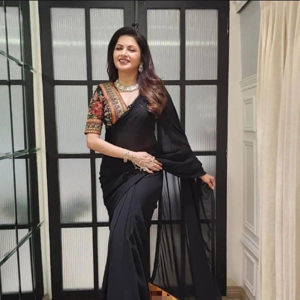 Black Solid Party wear Saree With designer blouse peice sabyasachi inspaired designer sareee black saree  indian saree frees ship for usa