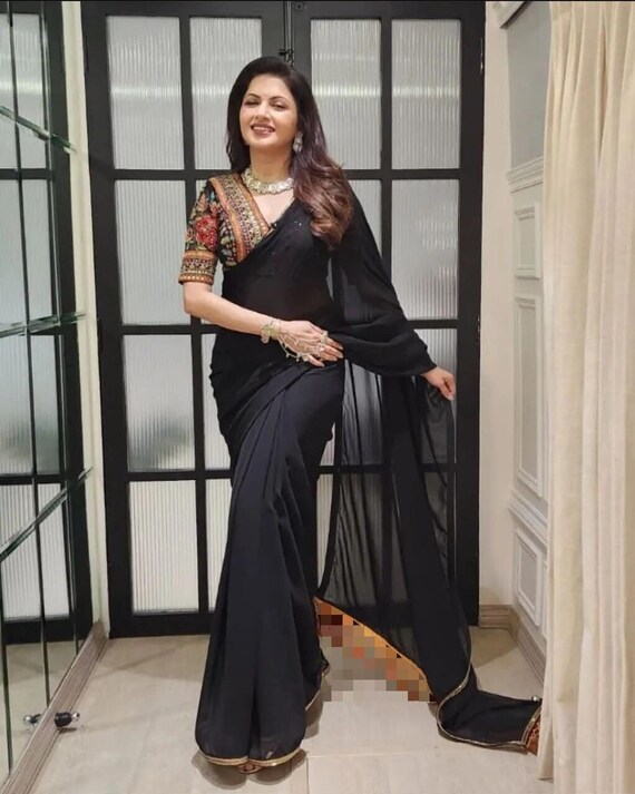 Black Solid Saree With White Work Lace Border and White Full Sleaves  Un-stiched Blosue Designer Saree for Party Wear Party Wear Saree USA 