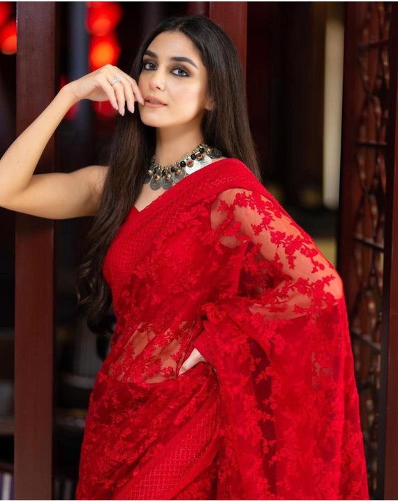 Red Soft Net Chikankari Work Saree With Work Blouse Peice Party Wear Saree  Designer Saree Sabya Sachi Collection Indian Saree for Usa -  Canada
