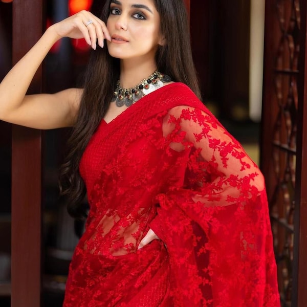 Red Soft Net Chikankari Work Saree With Work Blouse Peice Party wear saree designer saree sabya sachi collection indian saree for usa