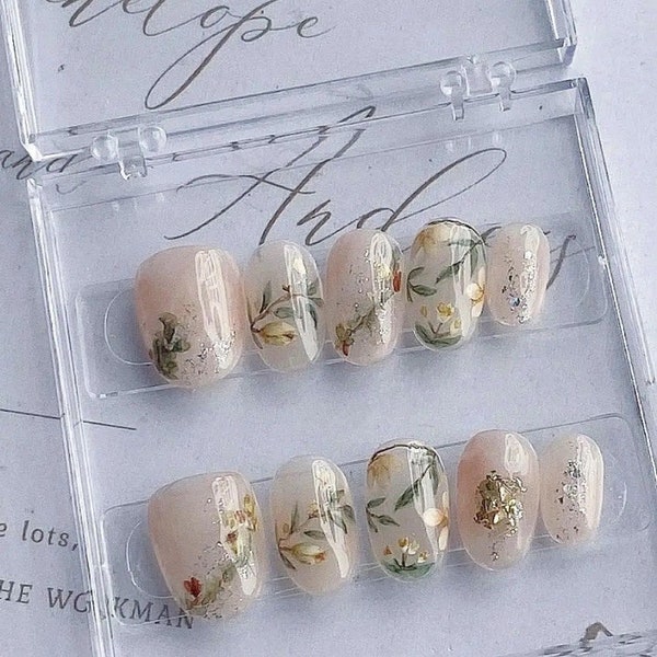 Hand-Painted Tree Branches Press On Nails|Spring Reusable Nails|Starry Fake Nails|Charm Nails Kawaii|Flower Nails Green|Gift For Her