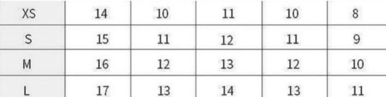 May include: Size chart for clothing with sizes XS, S, M, and L. The chart shows corresponding measurements in inches for each size.