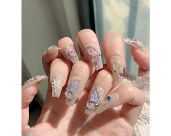 Butterfly Pink Blue Press On Nails Long|Bling Glam Aura Pink Nail|Premium Nails|Valentine Nail|Gift For Her Nail|Animal Nail Art|Gyaru Nails