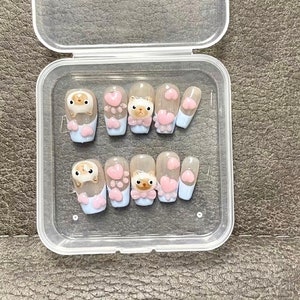 Kawaii Kitty French Style Press On Nails|3D Premium Art Design Reusable Nails|Siamese cat Cute Fake Nails|Animal Charm Nails|Pink Paw Nails|