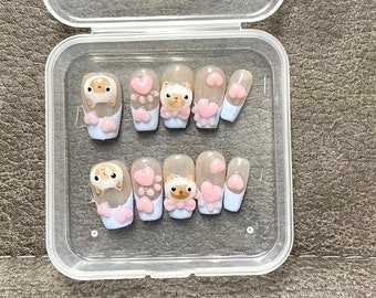 Ongles à presser à la française Kawaii Kitty | Ongles 3D Premium Art Design réutilisables | Faux ongles mignons de chat siamois | Ongles avec charme animal | Ongles de patte roses |