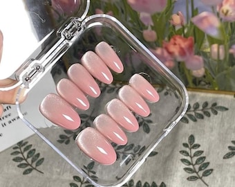 Starry Pink Cat Eye Press On Nails|Gradient French Nails|Simple Nails|Cute Design Fake Nails|Premium Summer Nails Stunning|Gift For Her