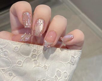 Spring Magnolia Art Press On Nails|Flower Petal Nails|Art Design Reusable Nails|Charm Fake Nails|Premium Coffin Nails|Nails Gel Manicure