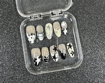 Y2K Black Star Press On Nails|Charm Nails Kawaii|Dark Galaxy Reusable Nails|Starry Sky Fake Nails|Fake Nails Shinny|Cute Nail For Girl