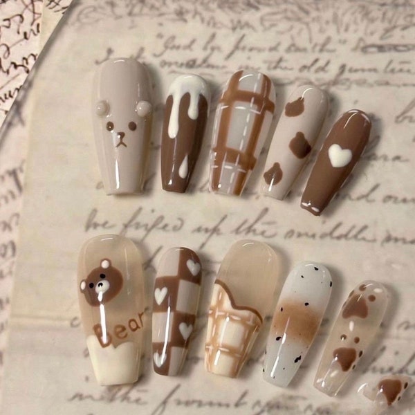 Brown sugar bear Press on nails| checkerboard Reusable nails|Kawaii Fake nails|nails premium|Hand-painted nails|cute nails|gift for her