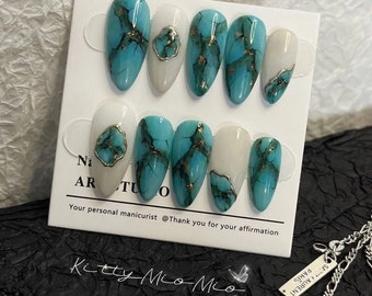 Uñas postizas de estilo agrietado de mármol verde/Uñas reutilizables con brillo de piedras preciosas de primera calidad/Uñas postizas pintadas a mano/Uñas especiales con encanto/Regalo
