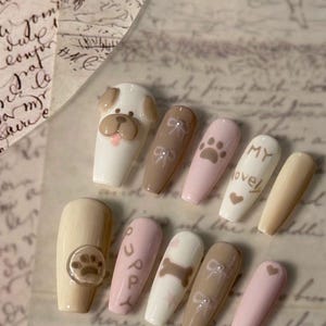 3D Puppy Paw Press On Nail|Kawaii Hand Painted Reusable Nails|Cute Animal Nails|Charm Nails Manicure|Cat Paw Nails|Premium Nails Gift