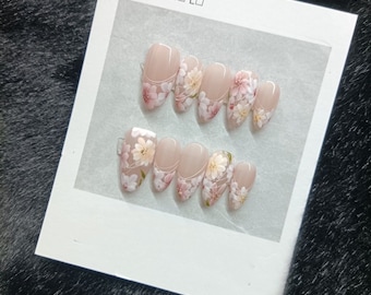 Magnolia Spring Press On Nails|Flower Petal Nails|Hand-Painted Art Design Reusable Nails|Charm Fake Nails|Premium Nails|Gift For Her|Florial