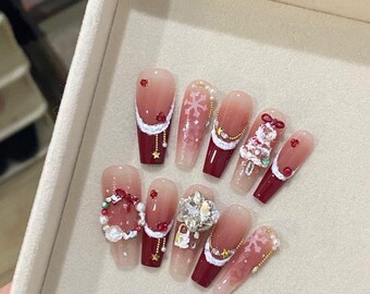 Uñas postizas estilo navideño de arándanos nevados/Uñas reutilizables con diseño de árbol de flores pintadas a mano/Diseño de jade/Arte de uñas postizas/Uñas con dijes premium/Regalo F