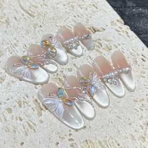 Pearl white diamond flower Press On Nails|Shinny Reusable Nails|Charm Fake Nail|Star River Nails|Kawaii  Nails|Cute Nail Art|Gift For he