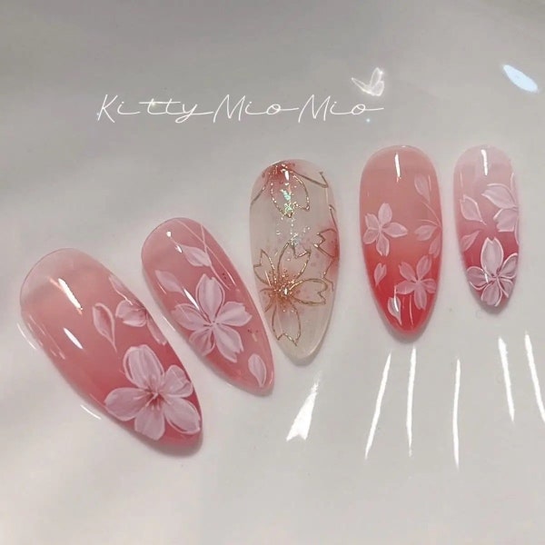 Pink Sakura Spring Press On Nails|Flower Petal Nails|Hand-Painted Art Design Reusable Nails|Charm Fake Nails|Premium Almond Nails|Gift Her