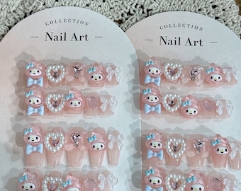 Pink Melody 3D Press On Nails|Bow Tie Nails| Bunny Reusable Nails|Cute Nails| Japanese Nails|Kawaii Nails|Handmade Nails| Charm Fake Nails