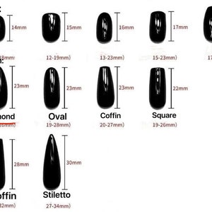 May include: Chart showing different nail shapes and their corresponding lengths in millimeters. The shapes include short, medium, and long lengths for almond, oval, coffin, square, stiletto, and coffin shapes.