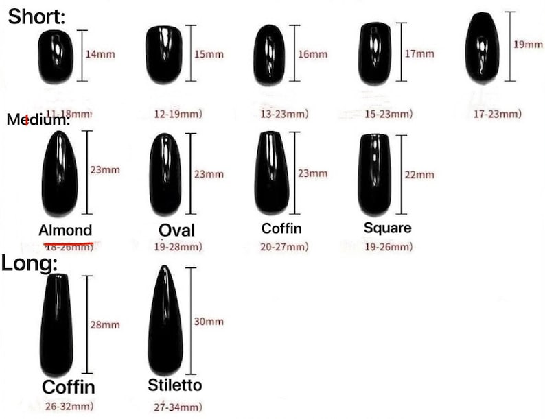 May include: Chart showing different nail shapes and their corresponding lengths in millimeters. The shapes include short, medium, and long lengths for almond, oval, coffin, square, stiletto, and coffin shapes.