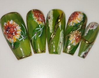 Zonnebloemolieverfontwerp druk op de nagels|Handgeschilderde premium herbruikbare nagels|Bedel nepnagels|Zomernagels manicure|Groene nagels|Cadeau