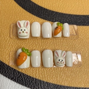 3D Rabbit Carrot Press On Nail|Kawaii Hand Painted Reusable Nails|Cute Animal Nails|Charm Nails Manicure|Cat Paw Nails|Premium Nails Gift