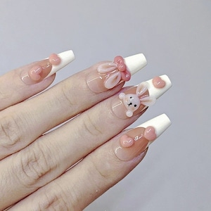 Unhas de pressão estilo francês de coelho kawaii | Unhas reutilizáveis de design de arte premium 3D | Unhas postiças fofas de coelho | Unhas com charme de animal | Unhas de gravata borboleta | Presente