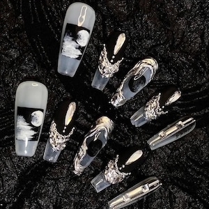 Schwarzweiße handbemalte Press-On-Nägel|Kunstkette Diamant Wiederverwendbare Nägel|Coole Nägel|Charm Nagel Premium|Geschenk für Sie