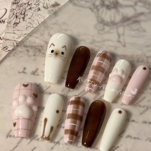 Pink Sugar Kitty Press On Nail|Kawaii Hand Painted Reusable Nails|Cute Animal Nails|Charm Nails Manicure|Cat Paw Nails|Premium Nails Gift