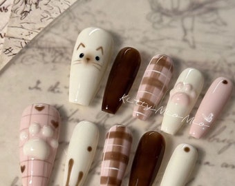 Ongle rose en forme de chaton en sucre | Ongles réutilisables peints à la main kawaii | Ongles d'animaux mignons | Manucure ongles charme | Ongles patte de chat | Cadeau pour ongles premium