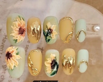 Zonnebloemdesign druk op de nagels|Handgeschilderde premium herbruikbare nagels|Bedel nepnagels|Zomernagelsmanicure|Groene en gele nagels|Cadeaumeisjes