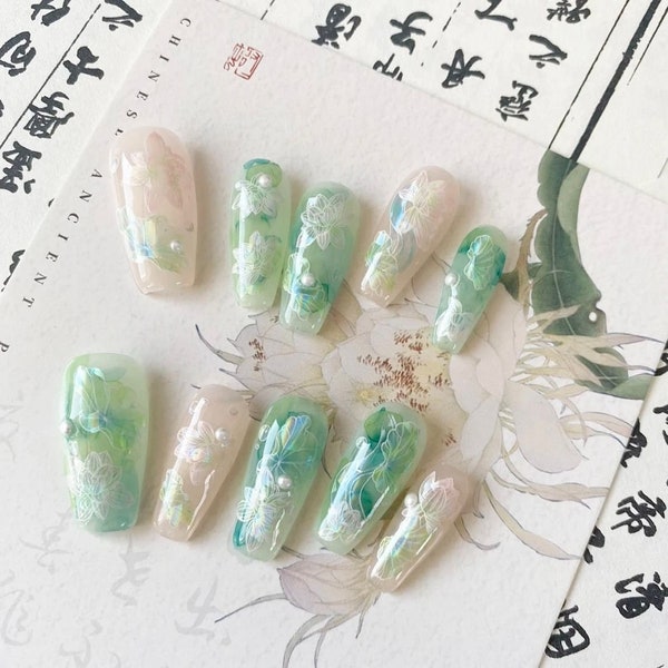 Lotus flower Chinese Style Press On Nails|Green Hand-Painted Flower Reusable Nail|Jade Design Fake Nail Art|Premium Charms Nails|Gift For He