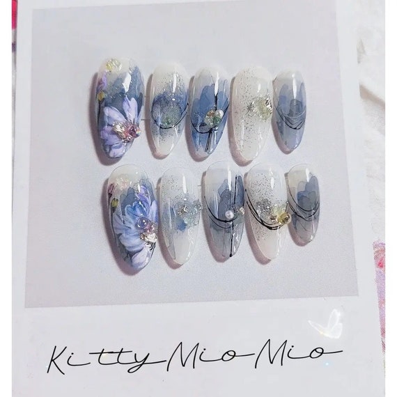 Ink Painting Hand-Painted Press On Nails|Florial Blue And Purple Nails|Elgant Nails Art|Premium Design Reusable Nails|Charm Nails