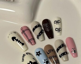 3D Funny Belt Press On Nail|Kawaii Hand Painted Reusable Nails|Cute Animal Nails|Charm Nails Manicure|Cat Paw Nails|Premium Nails Gift